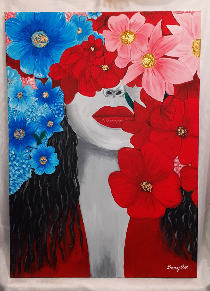 Ръчно рисувана живопис - Жена скрита зад цветя