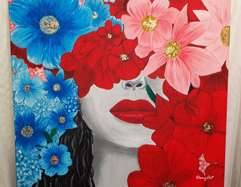 Ръчно рисувана живопис - Жена скрита зад цветя