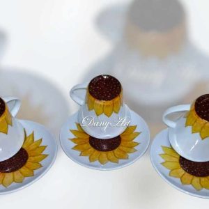 Рисуван комплект три чаши с чинийки за кафе Слънчогледи - Sunflowers - Image 3