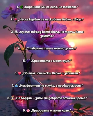 Ето 10 девиза за зодия Телец, които носят духа на земния знак:

1. 🌿 „Корените ми са сила, не тежест.“

2. 🍷 „Наслаждавам се на живота бавно, с вкус.“

3. 🪨 „Аз съм твърд като скала, но топъл като земята.“

4. 💰 „Стабилността е моето злато.“

5. 🎶 „Красотата е моят език.“

6. ❤️ „Обичам истински, вярно и завинаги.“

7. 🛋️ „Комфортът не е лукс, а необходимост.“

8. ⏳ „Не бързам – знам, че доброто отнема време.“

9. 🌸 „Природата е моят храм.“

10. 🔑 „Търпението отваря всички врати.“